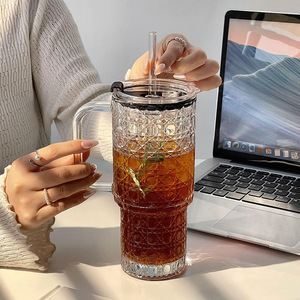 Bicchiere di vetro di grande capacità con manico e paglia portatile tazza di <span class=keywords><strong>caffè</strong></span> ghiacciato con coperchio per il succo di latte tè e bevande fredde - Product Image 3