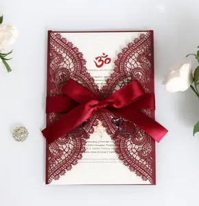 European style dark red lace indian wedding cards invitation