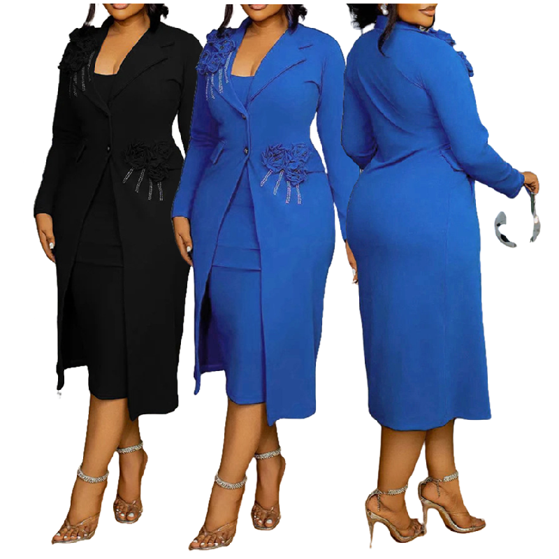 K3398 Ladies Suits Office Wear Outfits for Women Long Blazer + Inner Dress Set Two Piece Blazer Set Two Piece Set Women Clothing
