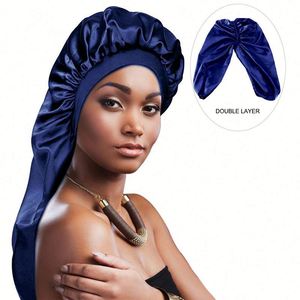 Bonnet de nuit en satin long bicolore personnalisé avec logo, bonnets turban pour la beauté des cheveux, avec bouton, vente en gros - Product Image 1