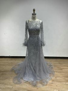 DKD013 <span class=keywords><strong>vestido</strong></span> de invitados de <span class=keywords><strong>boda</strong></span> rojo vino lujo Dubai <span class=keywords><strong>plumas</strong></span> con cuentas vestidos de noche cuello redondo manga larga vestidos de fiesta largos para mujeres - Product Image 5