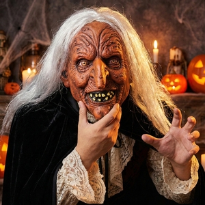 Máscara <span class=keywords><strong>de</strong></span> Látex <span class=keywords><strong>de</strong></span> <span class=keywords><strong>Bruja</strong></span> <span class=keywords><strong>de</strong></span> Piel Marrón Espeluznante con Cabello Blanco para Fiestas <span class=keywords><strong>de</strong></span> Halloween y Representaciones Teatrales - Product Image 1