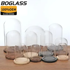 Wholesale Borosilicate Terrarium Clear Empty Hand Blown Dust Proof Glass Oval Bell Jar Cloche Glass Dome Cover With Wood Base