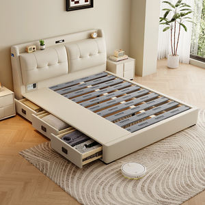 Cadre de <span class=keywords><strong>lit</strong></span> moderne en bois massif, taille king, queen, full, <span class=keywords><strong>lit</strong></span> double rembourré en tissu doux avec table de chevet - Product Image 4