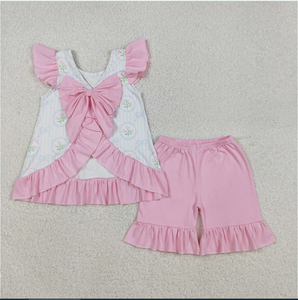 Girls GSSO2732 Flowers <b>Bows</b> Stripes Backless Top <b>Pink</b> Shorts Girls Summer Clothes Set - Product Image 5