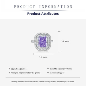 Ensemble de 3 pièces unisexe écologiques en cuivre plaqué or avec pierres géométriques carrées violettes en zircon (boucles d'oreilles, colliers, bagues) 10*14MM - Product Image 3