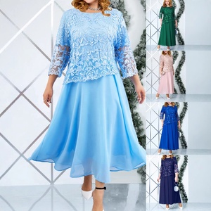 Vestido Midi Formal de Gasa con Bordado Floral y Encaje para Mujer Talla Grande, Manga 3/4 - Product Image 1