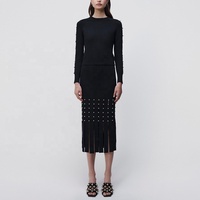 Robe mi-longue côtelée pour femmes, élégante, tricotée, à franges, mode, jupe côtelée