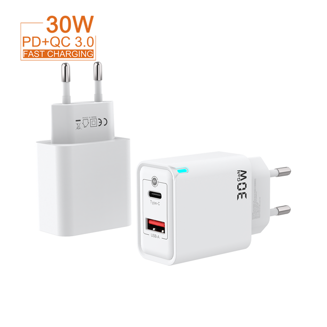 Dual Port 30W PD QC USB Type C Charger EU Plug Quick Fast Charging Universal Wall Power Adapter 1C 1A GaN Laptop OTP OVP