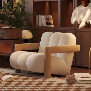Sillón de Estilo Moderno Vintage con un Solo Reposabrazos para Sala de Estar, Silla de Descanso con Respaldo de Tela y Panel de Madera - Product Image 1