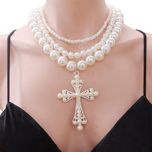 Conjunto de Collar de Perlas Punk Exageradas con Cruz, Estilo Europeo Americano, Multicapa, de Imitación, Joyería de Fiesta para Mujer - Product Image 6
