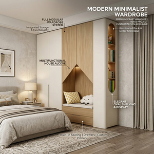 <span class=keywords><strong>Armoire</strong></span> de <span class=keywords><strong>chambre</strong></span> moderne de luxe multifonctionnelle avec coiffeuse intégrée, système de rangement modulaire blanc crème avec LED - Product Image 1