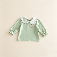 Langärmliges T-Shirt für Mädchen mit Peter-Pan-Kragen und Herz-Applikation aus Baumwoll-Polyester-Mischgewebe, Komfortables Oberteil mit OEM-Service-Unterstützung