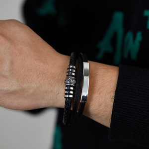 Multi Layer Hand Woven <b>Leather</b> <b>Bracelet</b> For Men Black Gold Gradient Skeleton Design Magnetic Buckle Jewelry Gift - Product Image 3