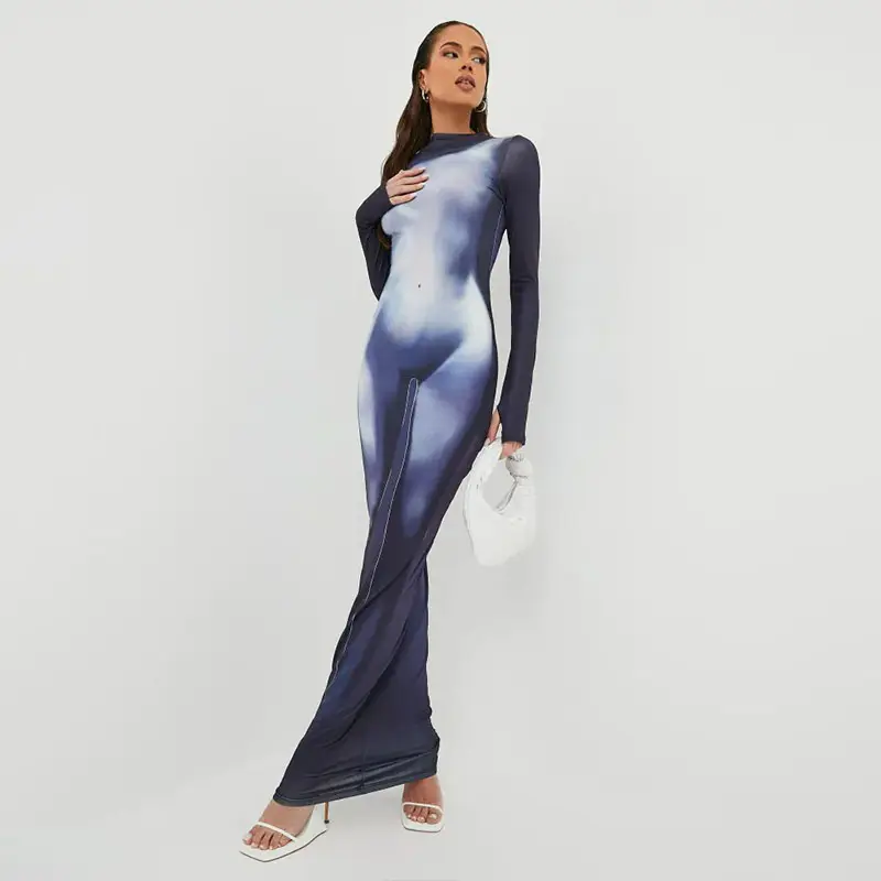 Aschulman Custom Long Sleeve Body Heat Autumn 3d Wave Body Print Dress with a Womans Body Print