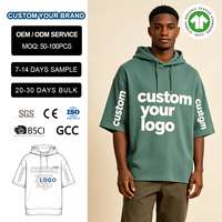 Sweat-shirts à capuche professionnels streetwear surdimensionnés vert sauge à manches courtes, impressions de texte personnalisées, molleton épais 300g, coupe ample unisexe, ODM/OEM