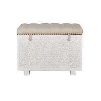 Banc de rangement sculpté à la main - Banc de bout de lit en tissu capitonné - Coffre de rangement en bois massif blanc patiné - Style shabby chic sculpté