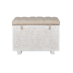 Hand-Carved Storage Ottoman Bench -Tufted Fabric Top Bed- End Chest- White Washed Solid Wood Entryway Trunk - Shabby Chic Carved - Product Image 2