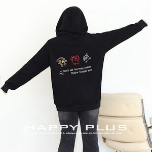 Sudadera con Capucha de Forro Polar para Mujer, Talla Grande, Marca Runqi, Estampado de Dibujos Animados, Color Negro Oscuro, Gruesa, para Invierno, con Etiqueta - Product Image 5