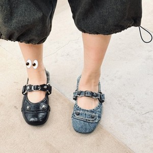 Women's Toe Denim Ballet <b>Flats</b> Ripped Distressed Lightweight Elasticated Collar Buckle Strap Metal Studs Anti-Slip Arch Support - Product Image 2