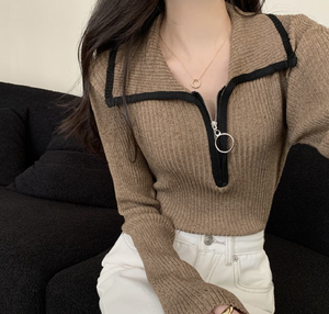 Maglione da donna con collo a revers e mezza zip, nuovo modello autunno/inverno, stile dolce e piccante, slim fit, a maniche lunghe, in maglia - Product Image 5