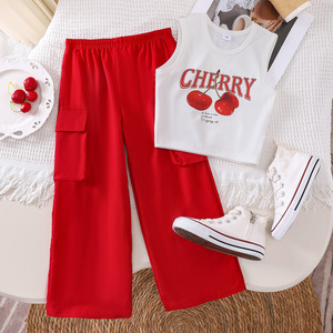 Conjunto de dos piezas de verano para niña, chaleco de manga, traje de punto de algodón de pierna ancha roja, trajes de verano con logotipo de <span class=keywords><strong>Animal</strong></span> - Product Image 1