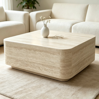 Table basse carrée en travertin naturel massif, bord arrondi, table centrale en pierre pour salon, villa, hôtel, décoration intérieure