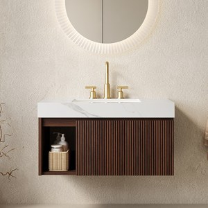 Mobile Bagno <span class=keywords><strong>EIDEN</strong></span> 36 Pollici con Lavabo, Armadietto Sospeso, Top in Pietra Sinterizzata Bianco Carrara e Lavabo in Ceramica con 3 Fori Pre-forati - Product Image 1