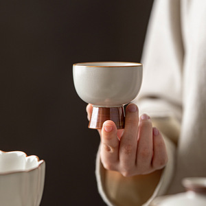 Retro Ru Ware Stemmed <b>Teacup</b> Ceramic Single Cup Crackle Glaze For Kung Fu Tea Tasting Cup Beige New Chinese Style - Product Image 2