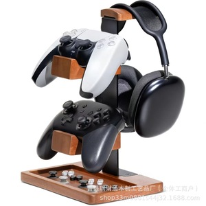 Iron And Wood Game <b>Controller</b> And Headphone <b>Stand</b> Double Layer Holder With Button Cap Storage For Desktop Use - Product Image 1