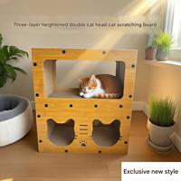 Griffoir pour chat à trois niveaux surélevé avec deux têtes de chat, maison en bois pour chat avec balles en peluche pour plusieurs chats