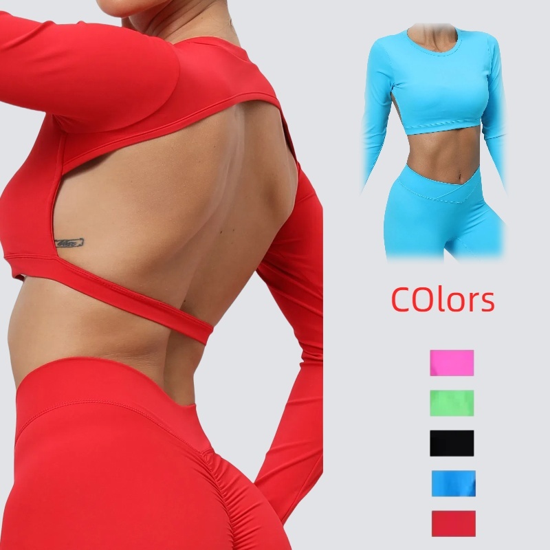 Solid Padded Yoga Top Breathable for Women Long Sleeve Yoga Shirts Workout Top Winter Sports Shirts Open Back Yoga Top Shirts