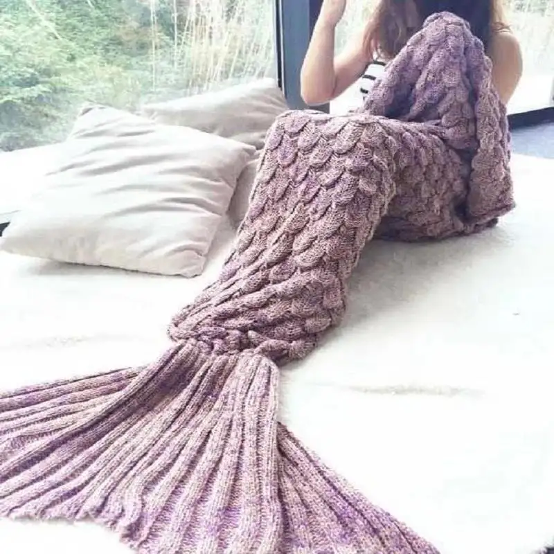 인어 담요 담요 뜨개질 물고기 꼬리 담요 소파 커버 소녀를위한 생일 선물