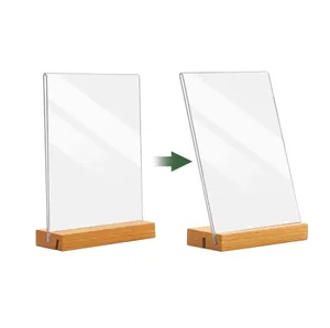 T Shape L Shape Two Slots Wood Base Double-Sided Desktop Paper Acrylic Sign Holder A4 for Restaurant Business Office Exhibition