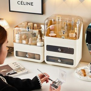 Boîte de rangement cosmétique avec tiroirs, organisateur de bureau en plastique, étui à maquillage, couvercle anti-poussière, support de rangement haut de gamme - Product Image 3
