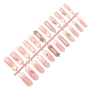 Uñas Postizas Modernas con Diseño Floral 3D y Líneas Doradas de Mariposa, 24 Piezas, Uñas Francesas con Punta en Forma de Bailarina, Uñas Postizas para Regalo, Arte de Uñas - Product Image 4