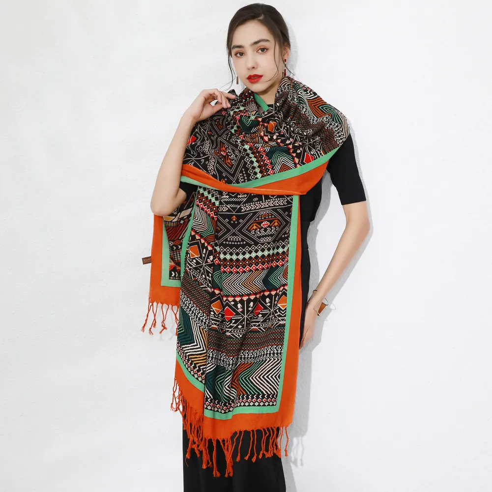 Lenço de lã merino desenho geométrico, lenço extra grande, cobertor floral de grandes dimensões para mulheres, lenço de inverno, xale