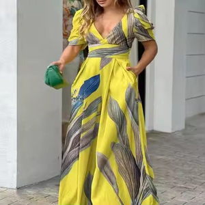 Vestido Casual de Verano para Mujer, Ecológico, 100% Poliéster, Estampado Floral Europeo Americano, Cuello en V, Manga Corta, Largo hasta el Suelo, Ajustado - Product Image 5