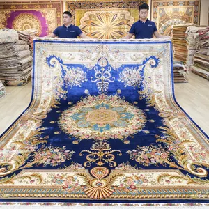 274X366Cm Pure Zijde Handgemaakte Reiniging Dubai Indiase Fabriek Samarkand Blauw Turks Tapijt Voor Woonkamer