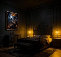 Tableau mural LED personnalisé pour Halloween, scène de couple squelette autour d'un feu de camp, peinture encadrée faite à la main