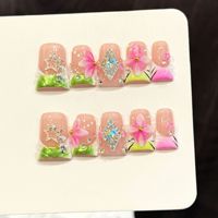 Ongles artificiels en forme d'éventail Y2K, été, fleurs 3D, ombré, français, 10 pièces, réutilisables, faits à la main, à presser, designs variés
