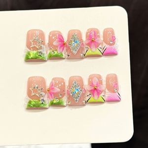 Uñas Artificiales con Forma <span class=keywords><strong>de</strong></span> Estrella Y2K, Diseño Floral 3D, Estilo Francés Ombre, 10 Piezas Reutilizables, Hechas a Mano, Diseños Variados - Product Image 5