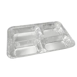 Caja de comida de avión de aluminio cuadrada desechable 4 compartimentos embalaje de alimentos con tapa