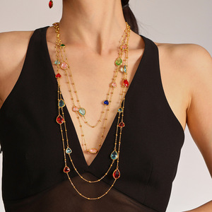 Collares largos con cuentas de piedra de cristal checo multifacético de enlace Triangular de gota de agua de ensueño de acero inoxidable de moda de alta calidad - Product Image 1