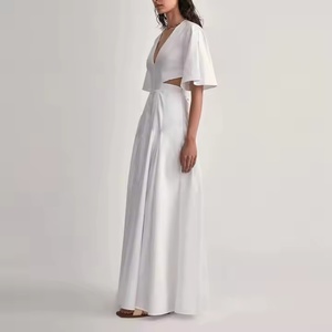 ชุดเดรสออกแบบใหม่สำหรับฤดูใบไม้ร่วงสำหรับผู้หญิง สไตล์ลำลองหลวมๆ เรียบร้อย ชุดเดรสผู้หญิงคอวีลึก คุณภาพสูง แขนสั้น ความยาวปานกลาง ผ้าลินิน - Product Image 3