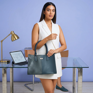 WRIZA Elegant <b>Blue</b> Leather Handbag Women <b>Tote</b> alligator Texture Smooth Panel Stylish Office Carryall Durable Premium Fashion - Product Image 3