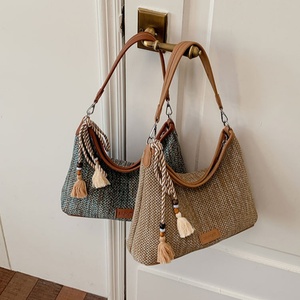 Bohemian Jute Shoulder Bag With <b>Tassel</b> Decoration Single Strap Open Closure <b>For</b> Daily Use All Seasons - Product Image 1