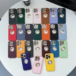 High Quality PU Leather Golden Camera Lens Protection OEM Logo Round Hole Mobile Phone Case For iPhone 14 14plu 14pro 14promax