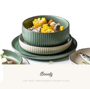 Assiettes en céramique vert beige gaufré mat personnalisé SWT bol à salade personnalisé bol en porcelaine <span class=keywords><strong>de</strong></span> style japonais - Product Image 1