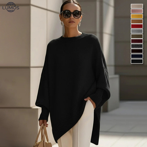Suéter de punto grueso de cuello redondo oversize para <span class=keywords><strong>mujer</strong></span>, estilo europeo y americano, con mangas holgadas tipo murciélago, ideal para otoño. - Product Image 2